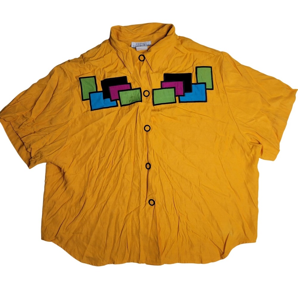 Vintage August‎ Max Woman Yellow Button-Up Shirt With Geometric Color Block
